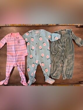 Cute Floral & Solid Baby One-Piece Sleepers - Pink, Light Blue, Sage size 12M